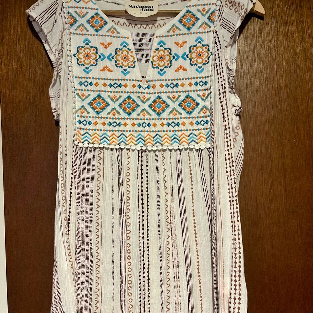Savanna Jane Embroidered Boho Blouse - White, Blue, and Orange